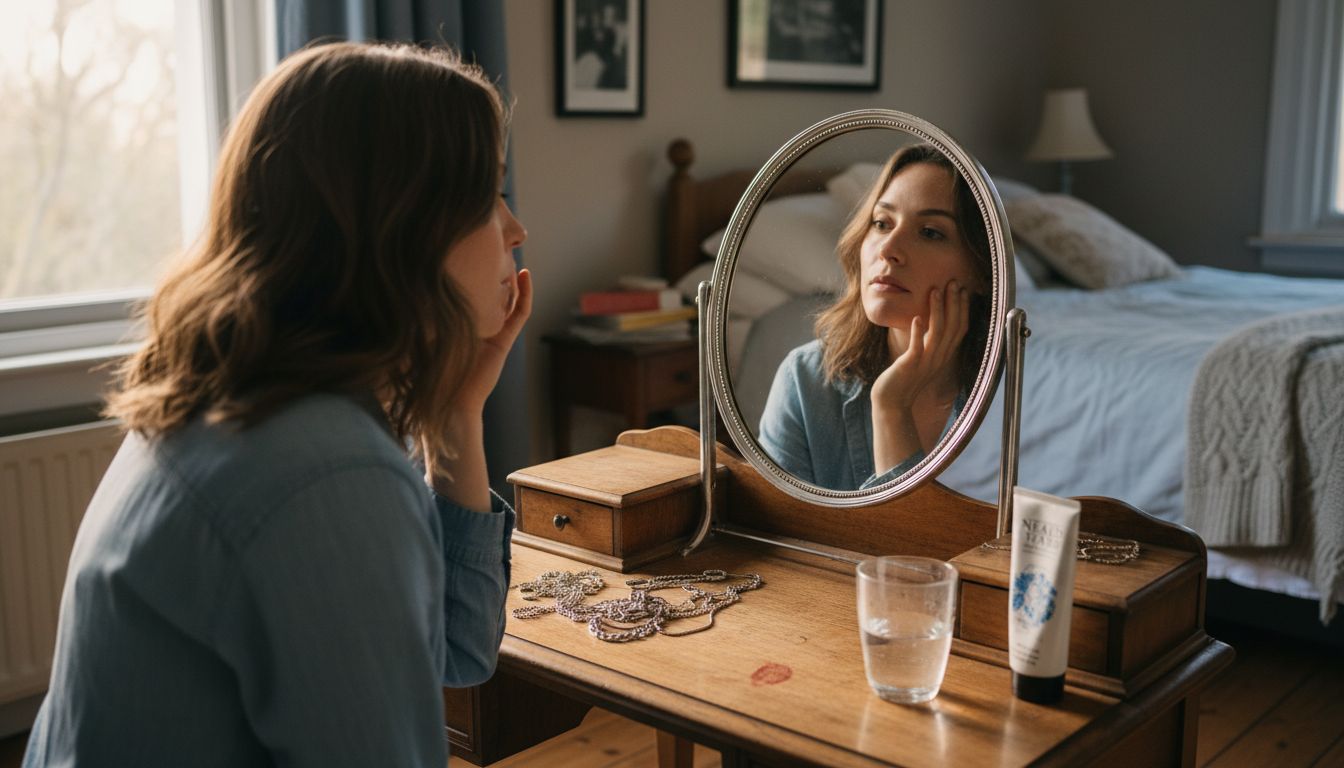 Woman examines face at vintage vanity