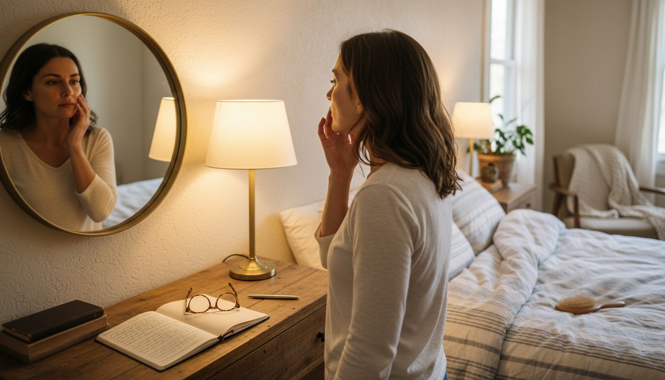 Woman assessing face in bedroom mirror