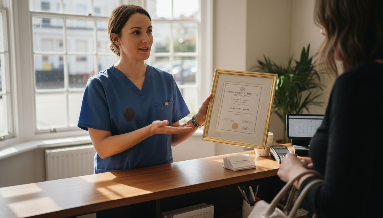 Practitioner presenting certification at London clinic