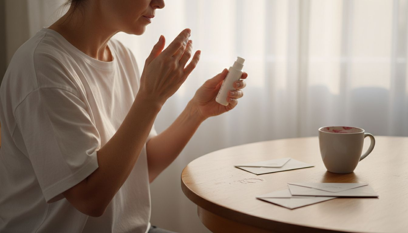 Woman applying moisturizer at kitchen table