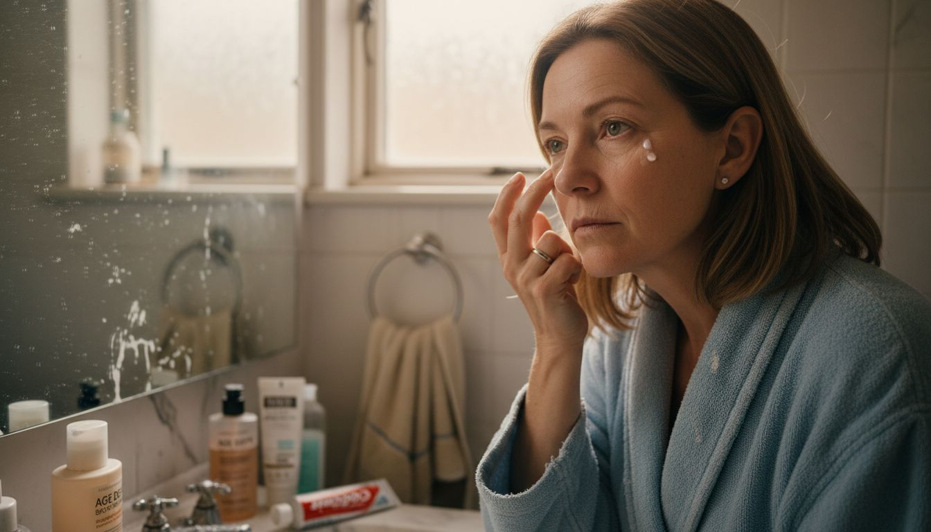 Woman applying serum in London bathroom