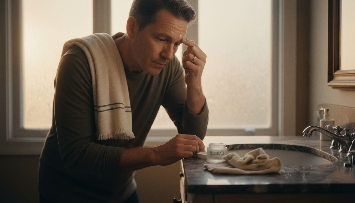 How Can I Get Rid of Wrinkles on My Forehead Safely 1 Man applying skincare to forehead wrinkles