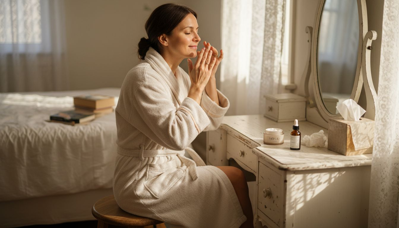 Woman applying serum at antique vanity