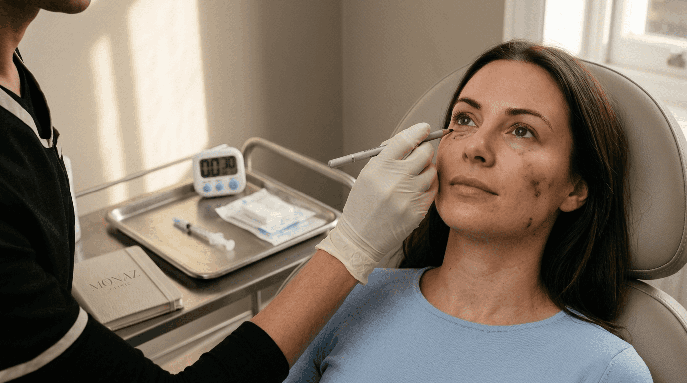 Practitioner marking tear trough for filler