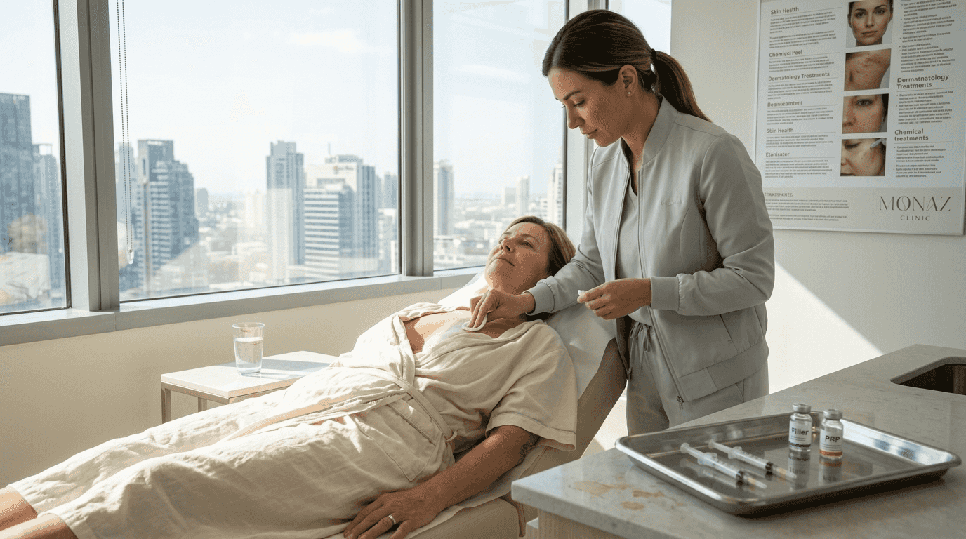 Dermatologist applies chemical peel to chest