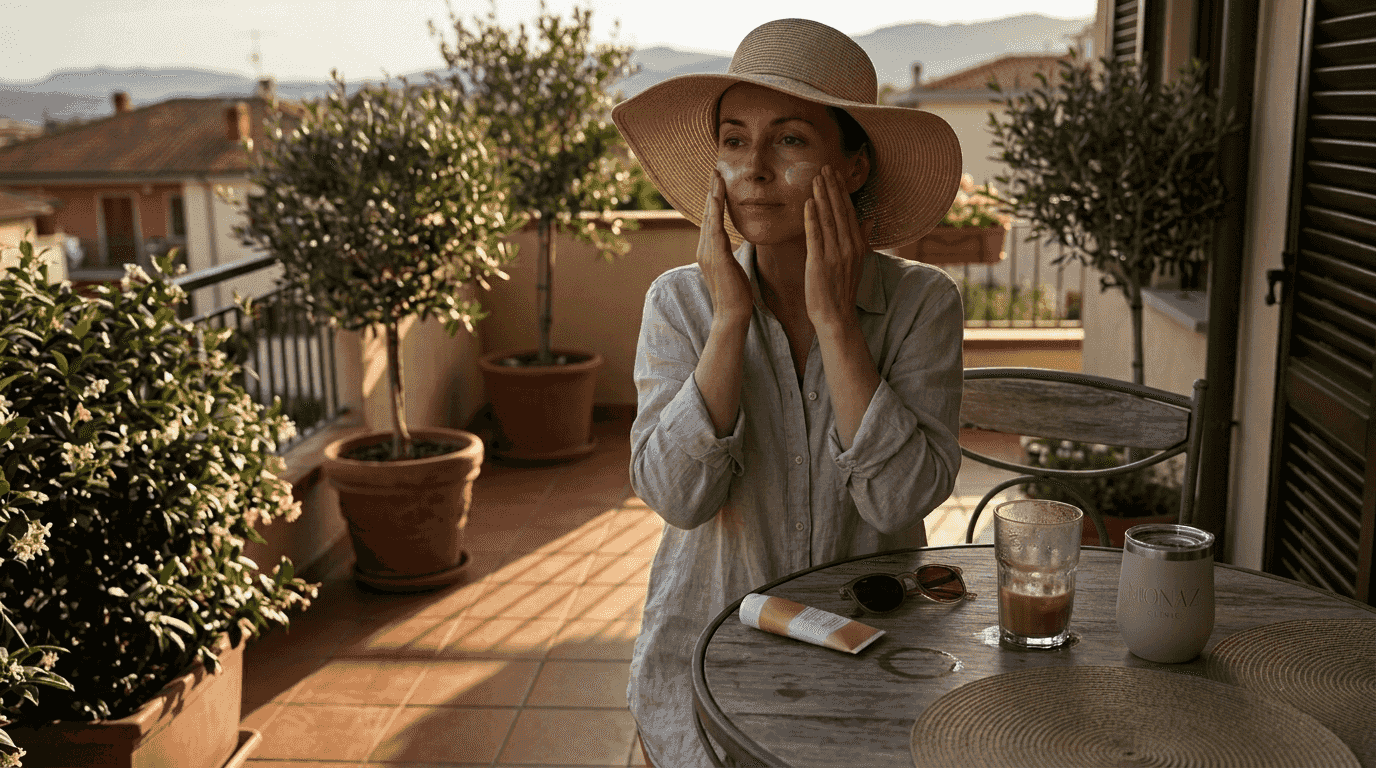 Woman applying sunscreen after filler treatment