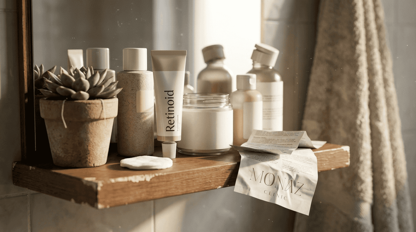 Bathroom shelf with retinoid skincare products