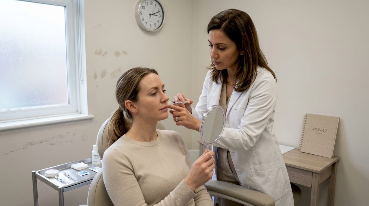 Clinician injecting dermal filler into patient cheek