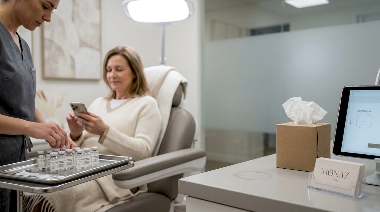 Client waiting in clinic for facial treatment