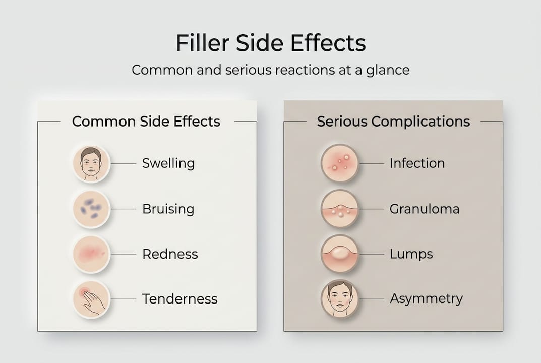 Infographic showing common and serious filler side effects