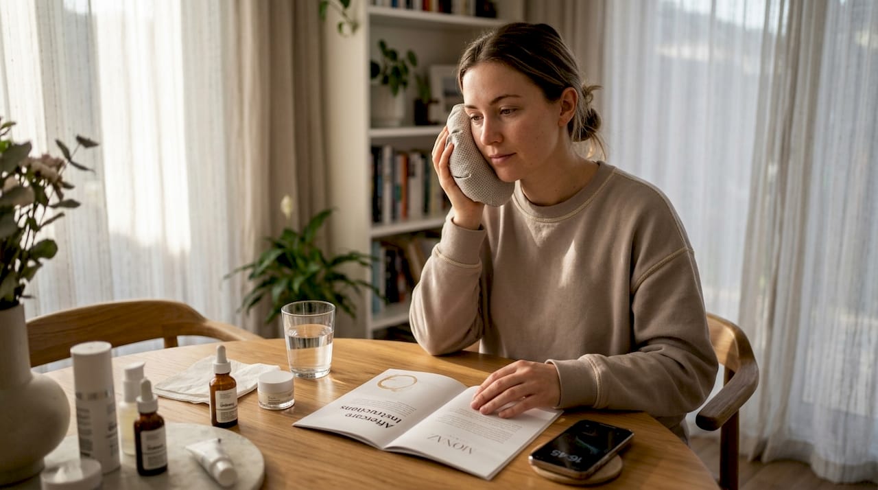 Woman applies ice pack for filler aftercare