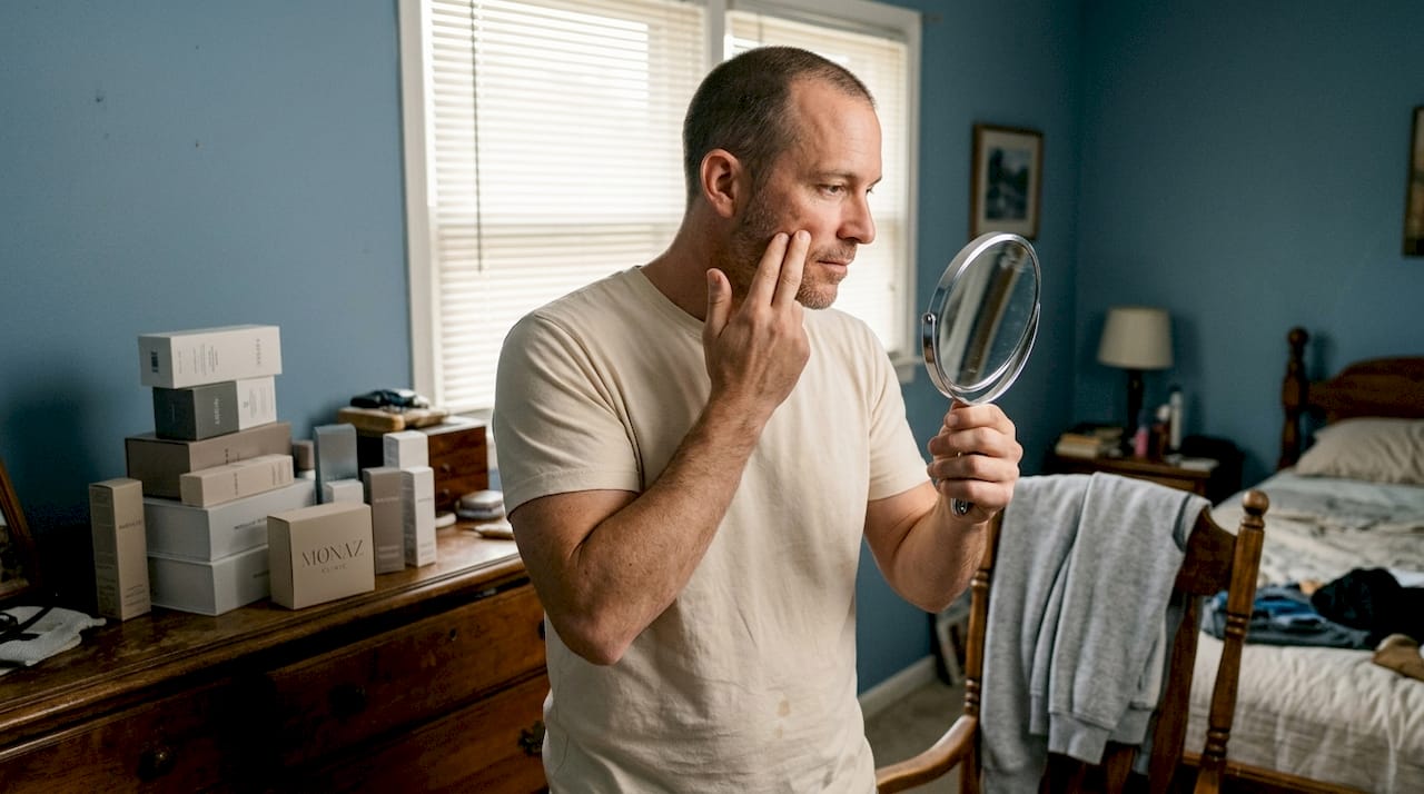 Post-treatment care tips to enhance your natural beauty 2 Man reviewing skin in softly lit bedroom