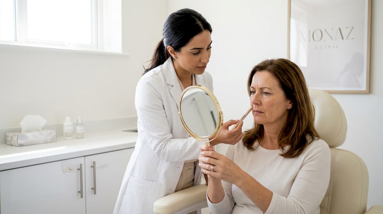 Practitioner showing client nasolabial fold diagram