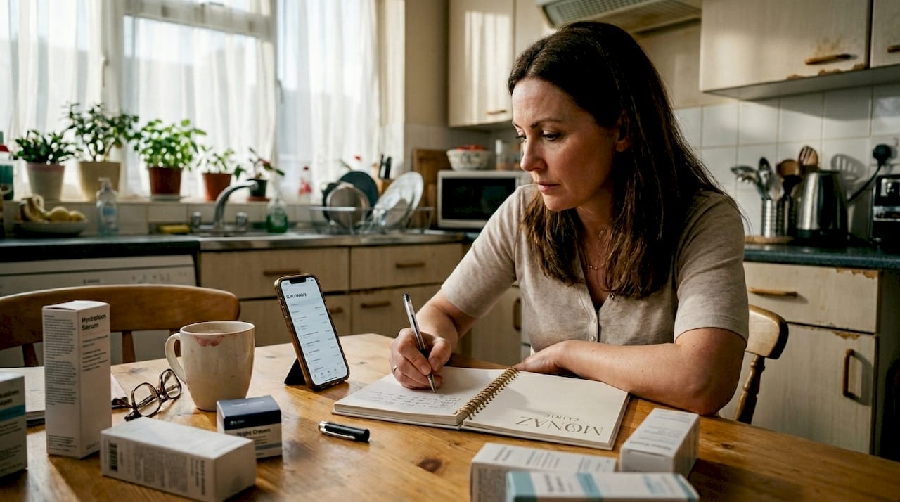 Woman planning facial treatment goals at kitchen table