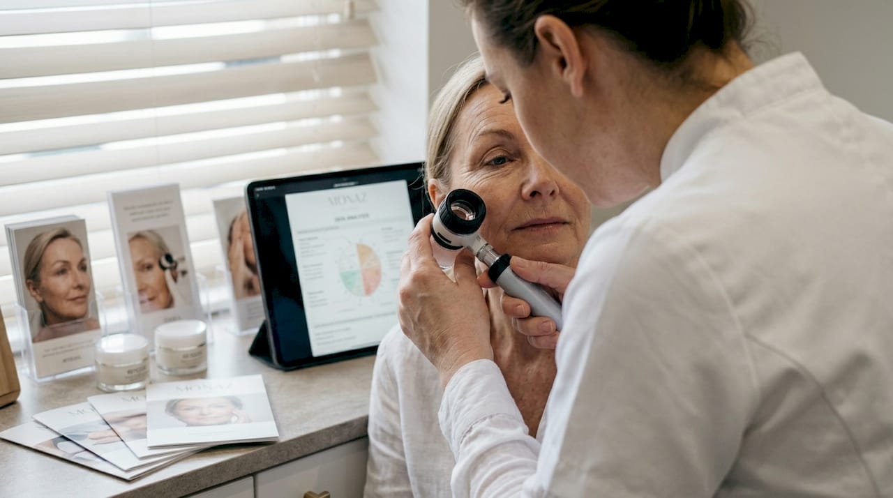 Technician analyzing mature woman’s skin texture