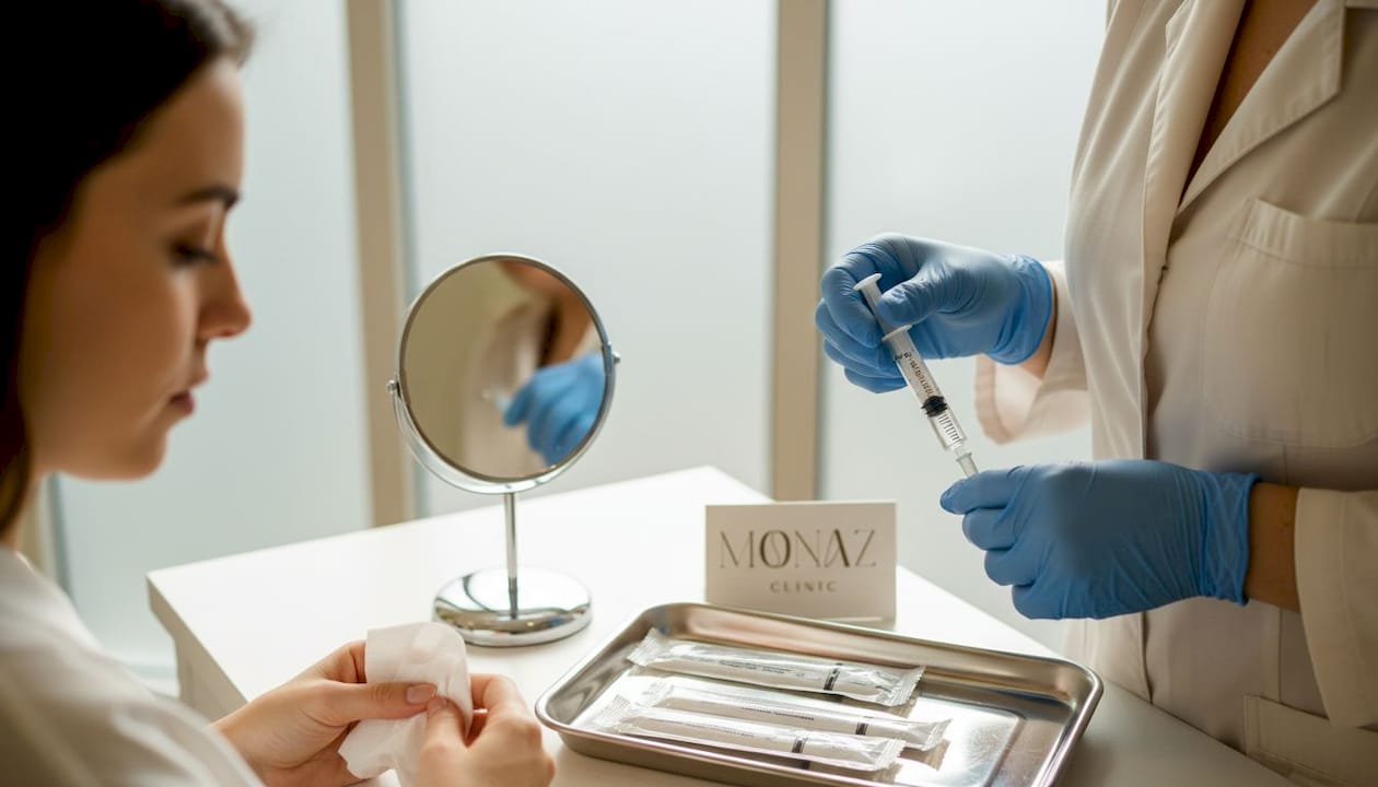 Preparing hyaluronic acid filler syringe in clinic