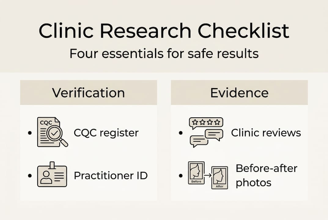 How to research facial aesthetics clinics: safe results 2 Infographic outlining safe clinic research essentials