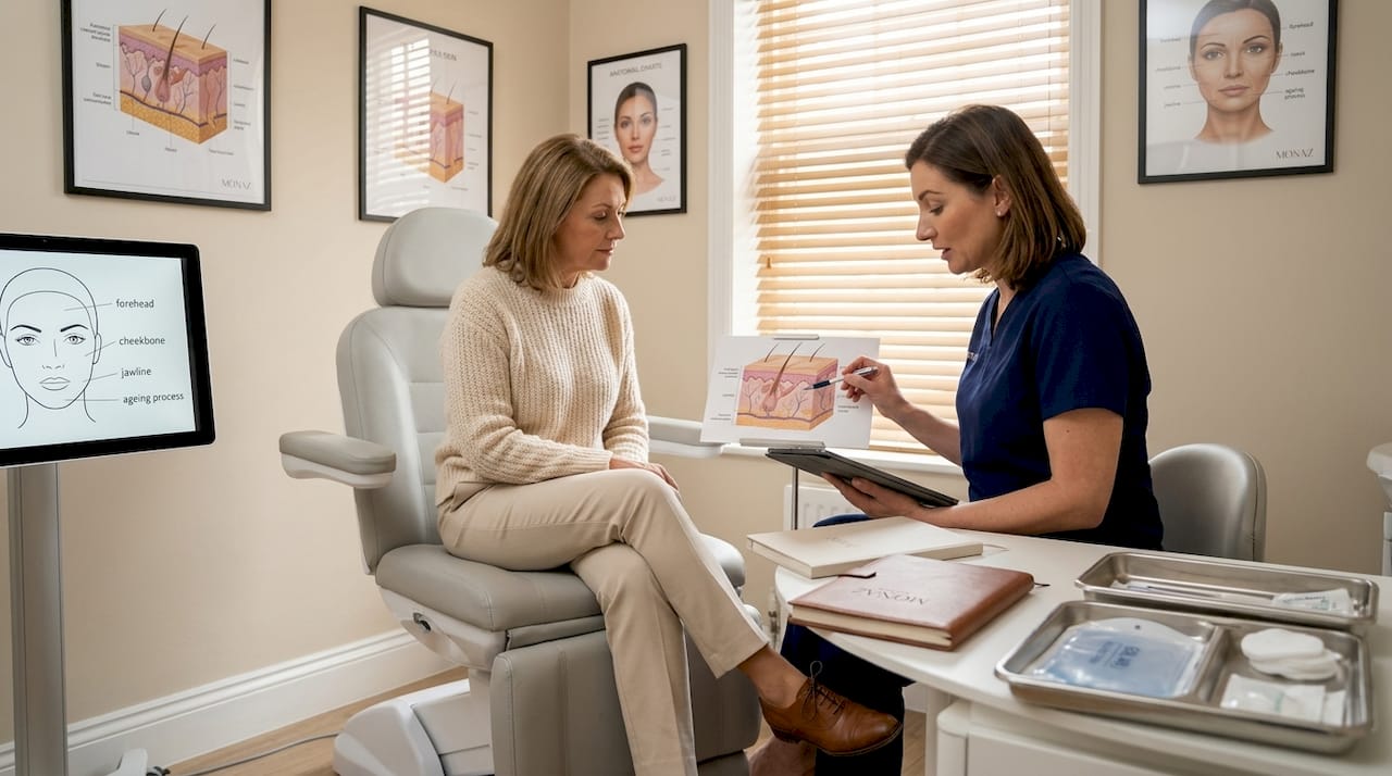 Harley Street clinic guide: safe, natural results in 2026 2 Clinic explaining dermal filler procedure to patient