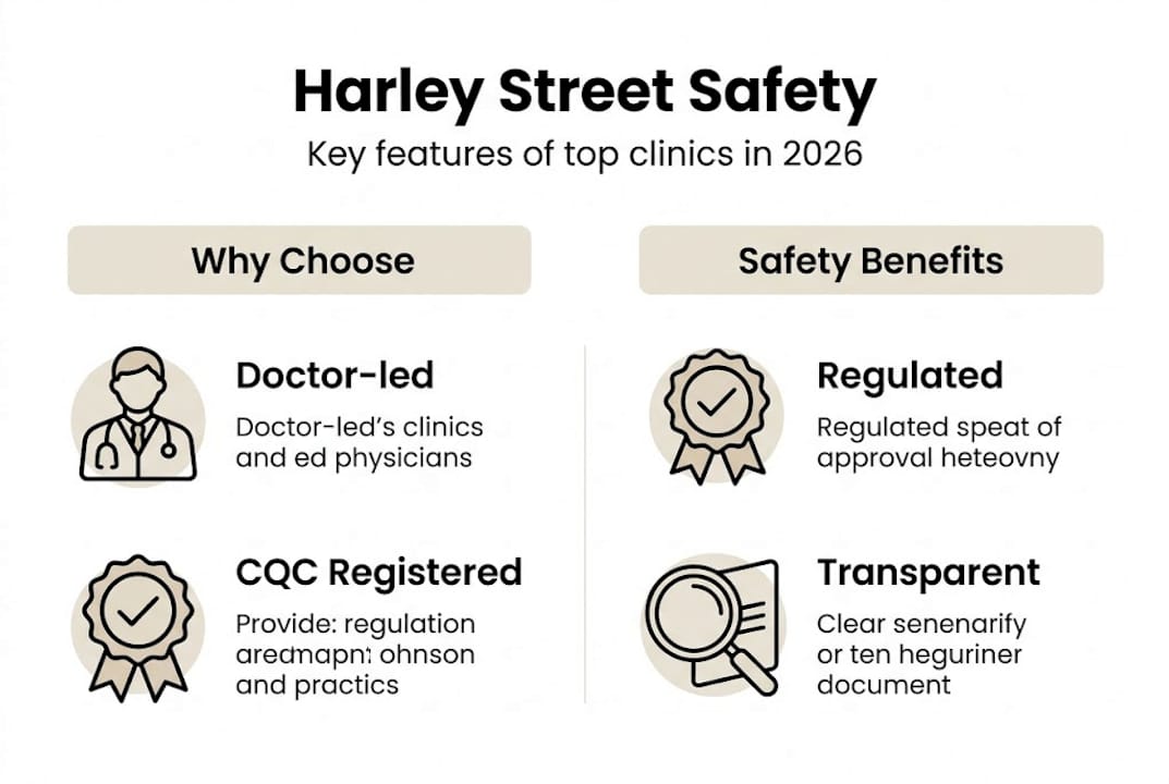 Harley Street clinic guide: safe, natural results in 2026 1 Infographic summarizing Harley Street clinic safety features