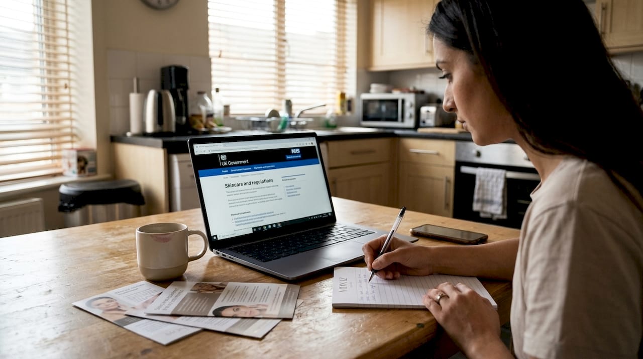 Woman researches safe clinic on laptop at kitchen table