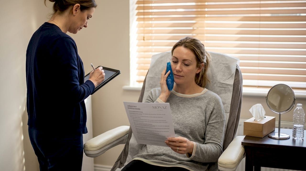 Your guide to what to expect at a London aesthetics clinic 2 Patient holding gel pack after clinic visit