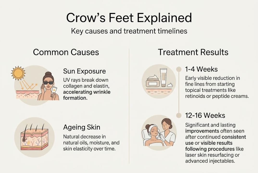 Reduce crow's feet: evidence-backed aesthetic treatments 1 Infographic showing crow’s feet causes and results