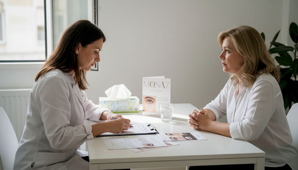 Reduce crow's feet: evidence-backed aesthetic treatments 2 Doctor consulting patient about eye-area treatments