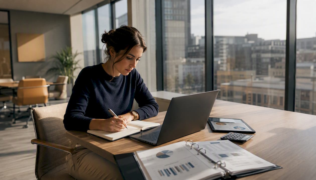 Eine Mitarbeiterin prüft am Laptop die Finanzdaten eines mittelständischen Unternehmens.