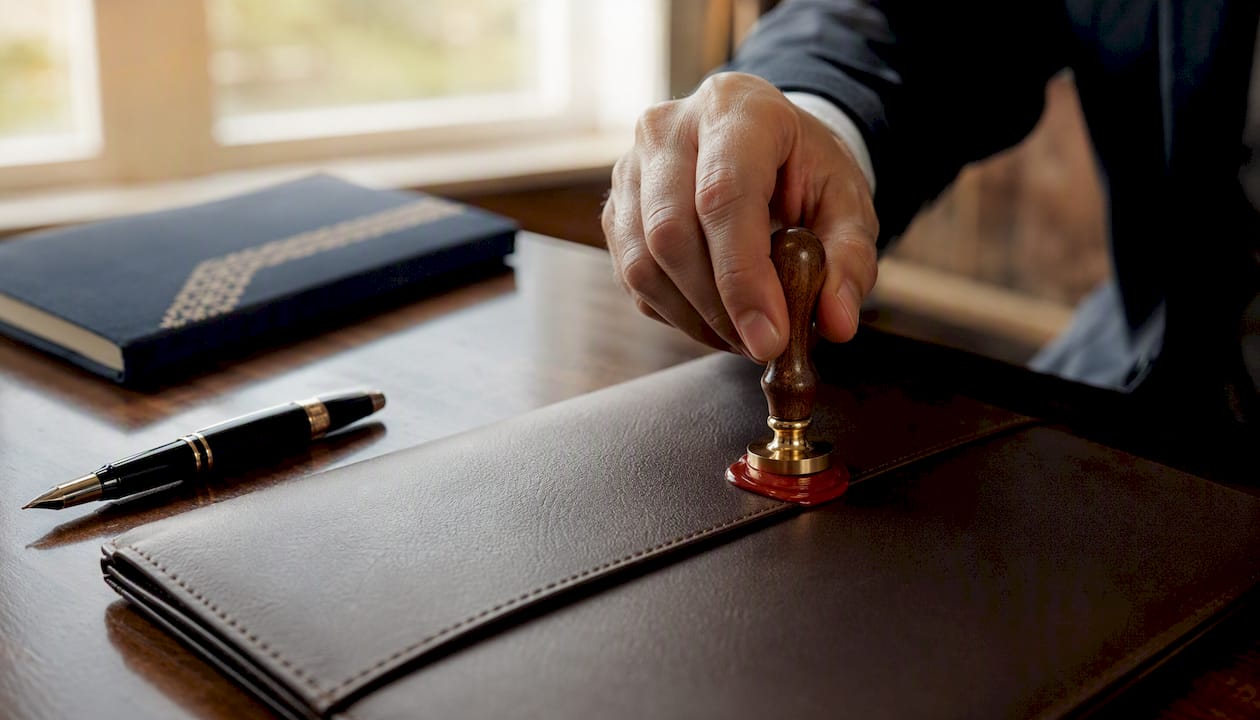 Mit der Hand wird ein Siegel aus Wachs auf den Vertragsordner gedrückt.
