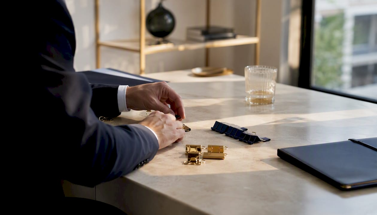 Mit geschickten Händen werden goldene Büroklammern ordentlich auf dem Schreibtisch sortiert.