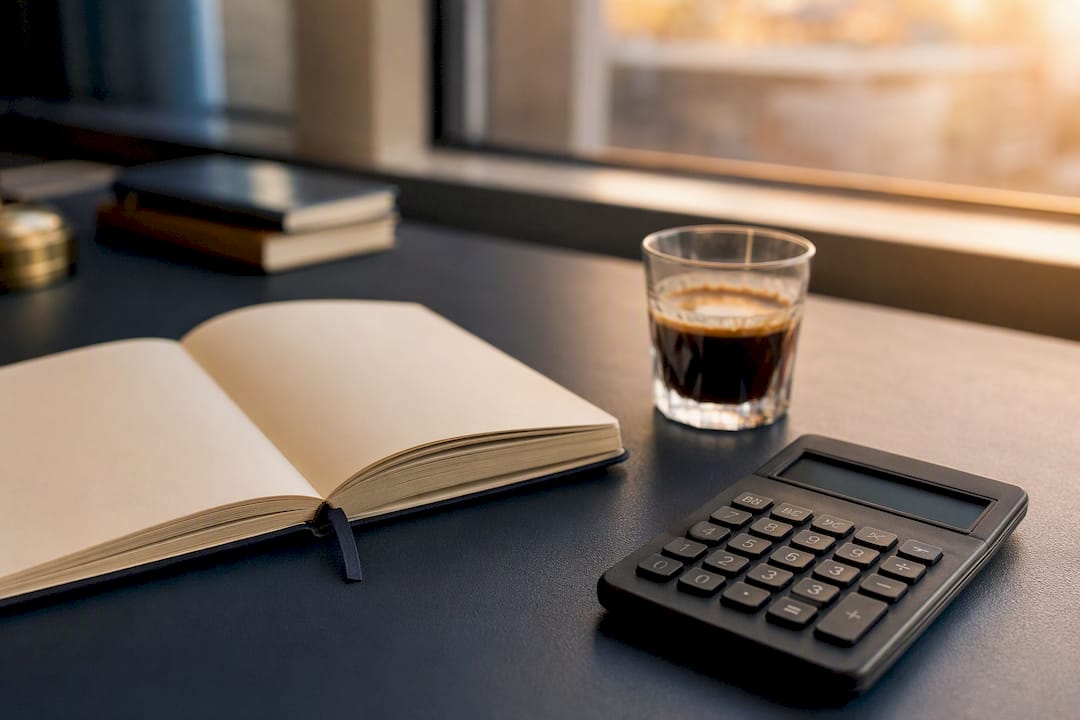 Taschenrechner und Notizbuch auf dem Bürotisch
