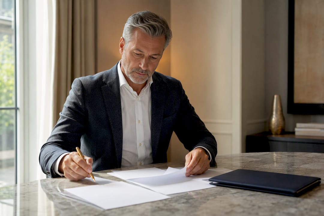 Mann bereitet am Tisch Finanzunterlagen vor