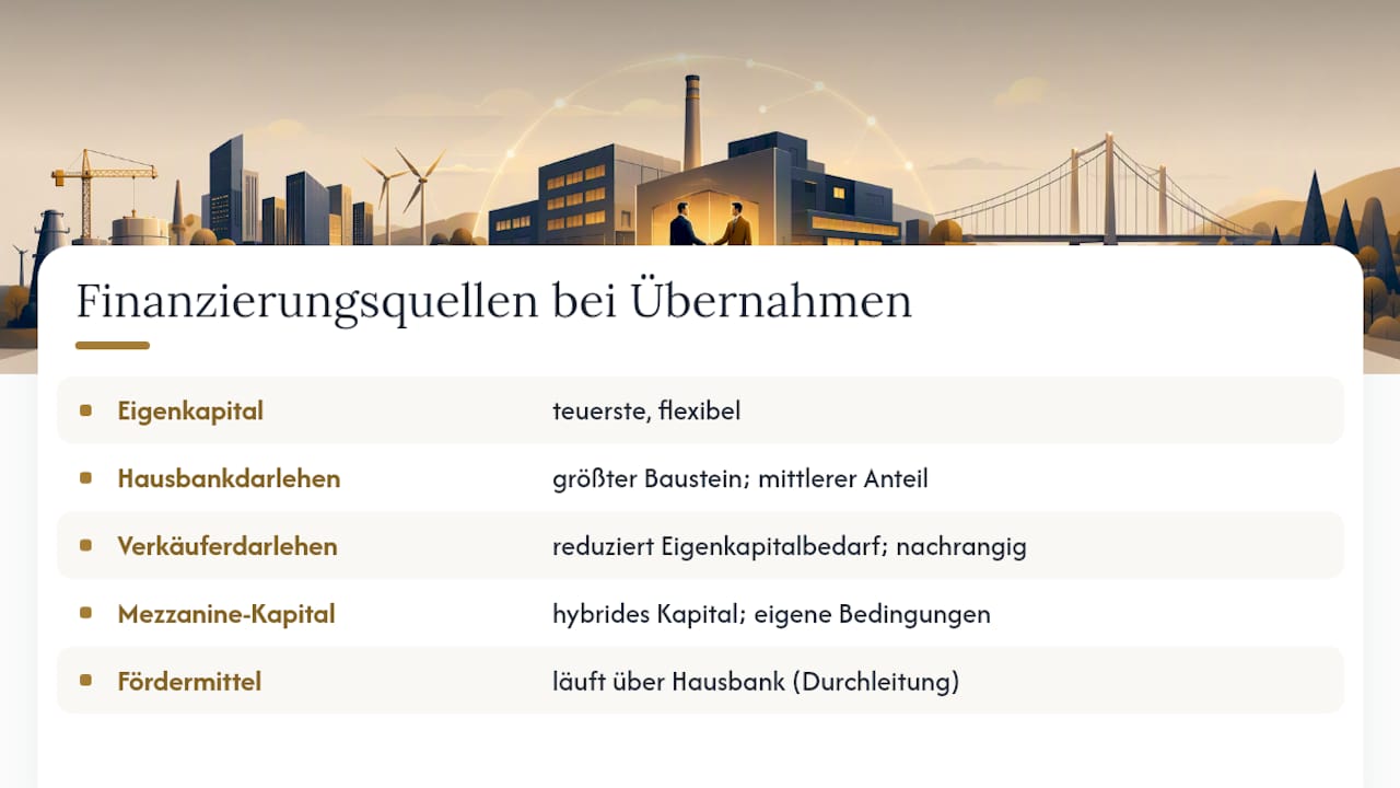 Diagramm mit fünf Finanzierungsmöglichkeiten für den Unternehmenskauf