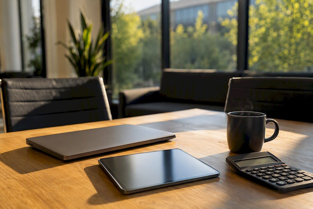 Bürotisch mit Taschenrechner und digitalen Geräten