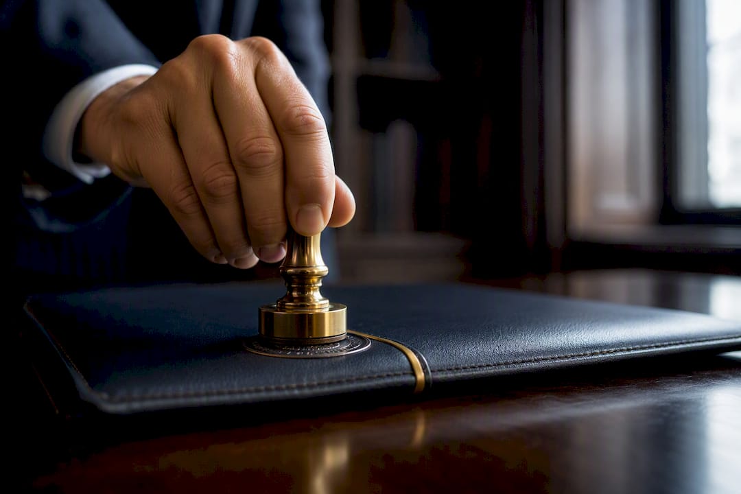 Notar prägt das Siegel auf die Urkundenmappe
