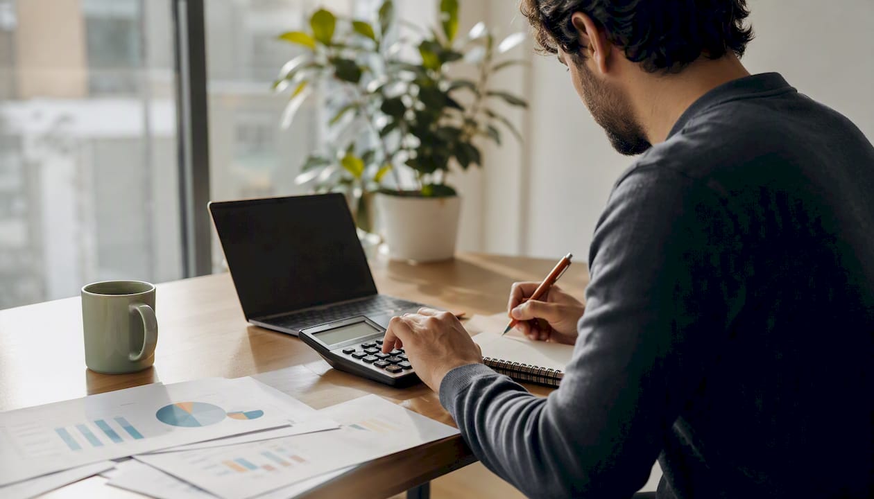 Founder calculating market sizing with reports