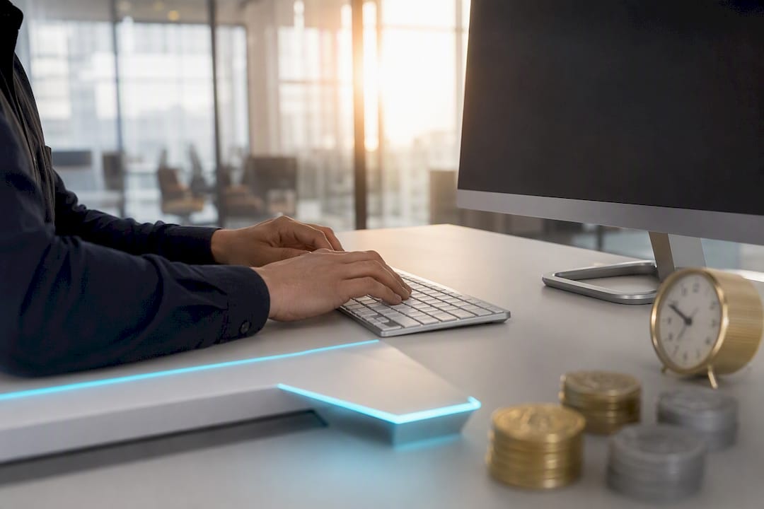 Hands on keyboard near cyan-lit AI device silhouette