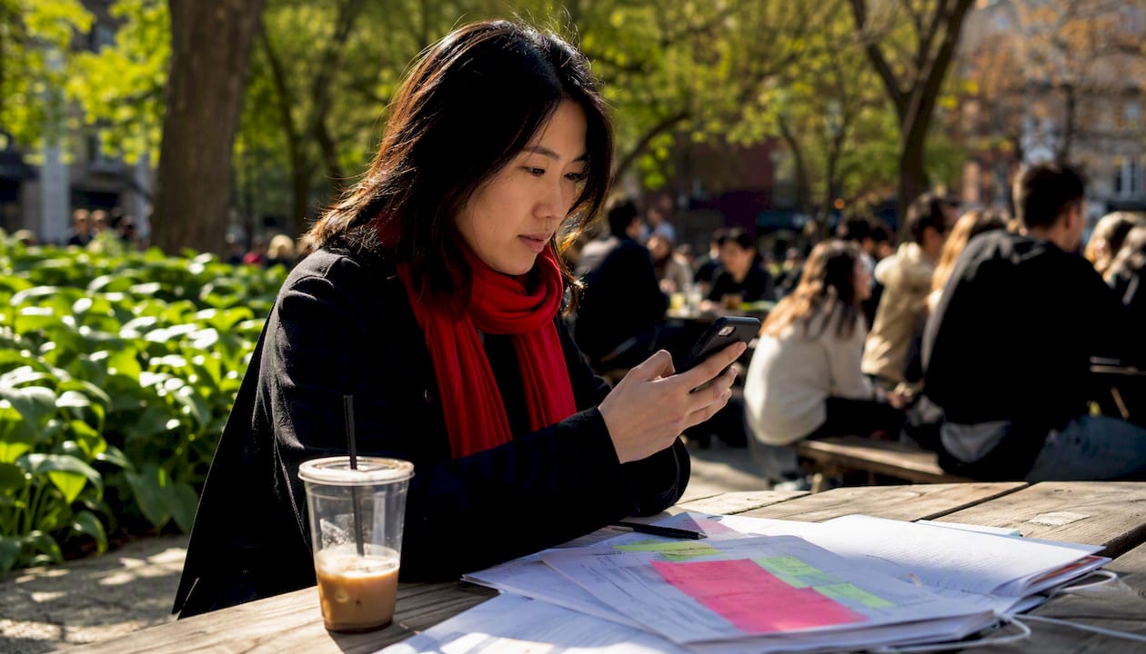 Hands using smartphone summarizer extension in café