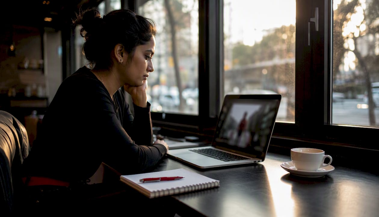 Woman reviewing AI-generated video transcript at home