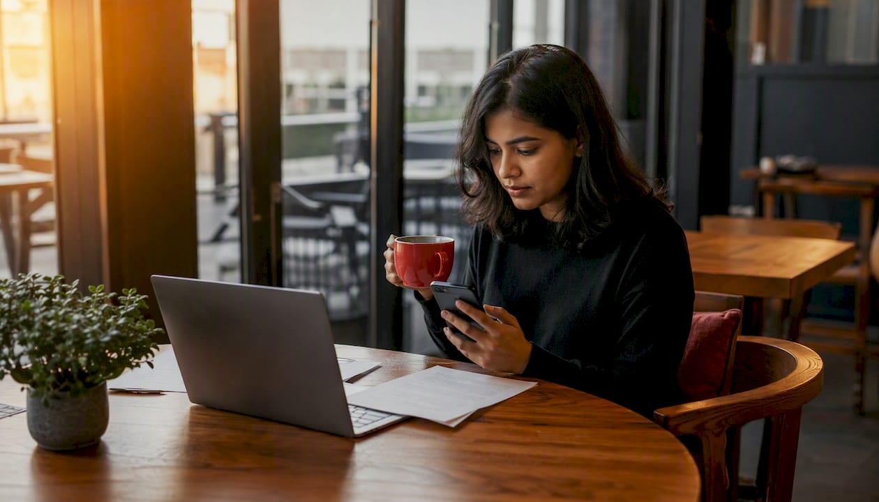 Woman using phone for AI video summarizing