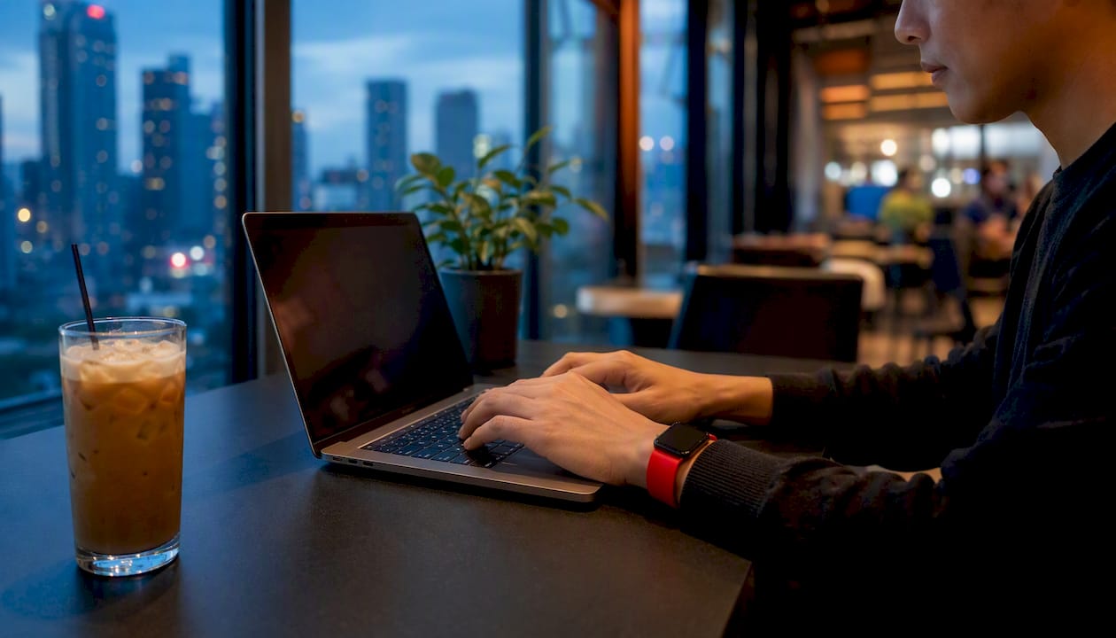 Close-up of hands typing YouTube URL on keyboard