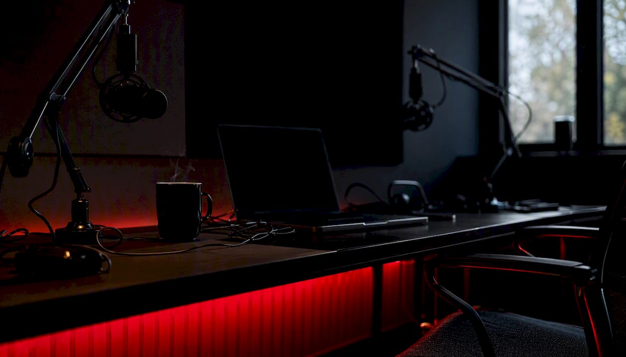 Dark modern workspace with podcasting gear