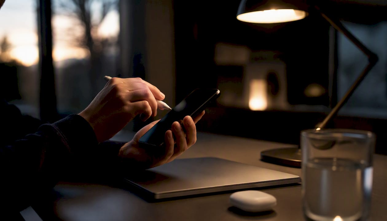 Hands holding smartphone and stylus over laptop