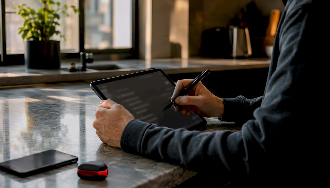 Hands using stylus on tablet with timestamps