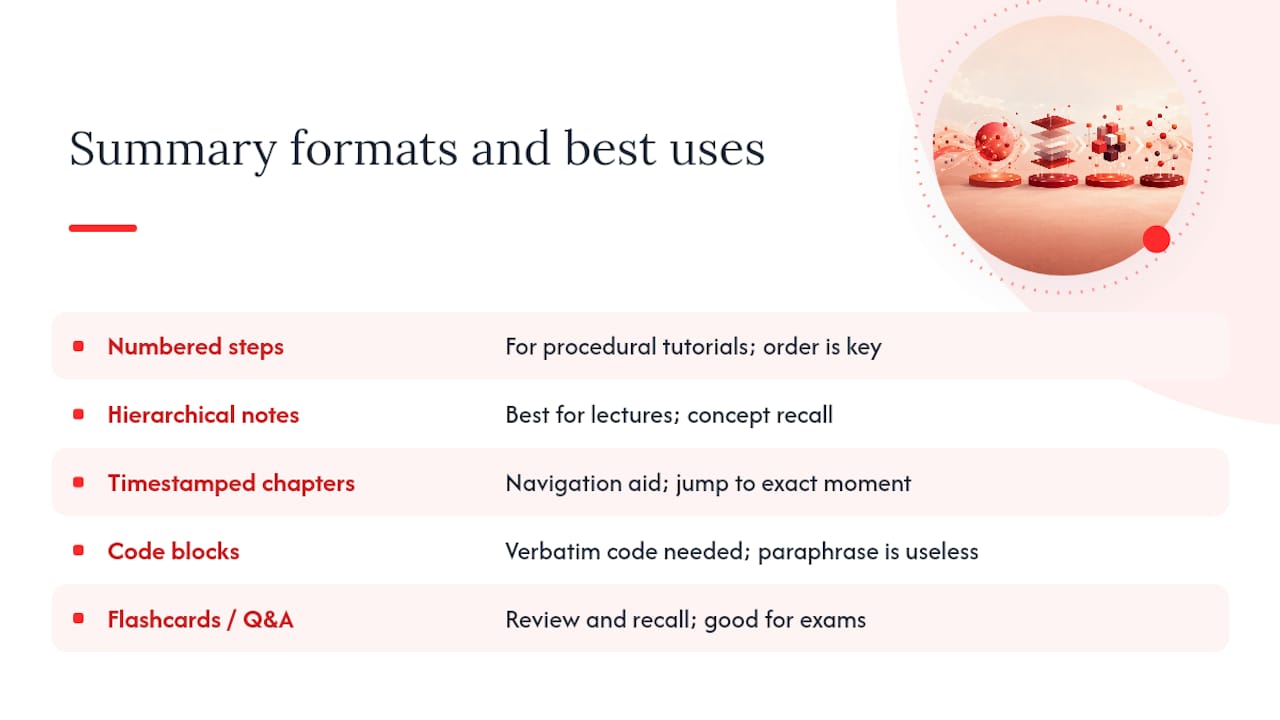 Diagram comparing summary formats for tutorials