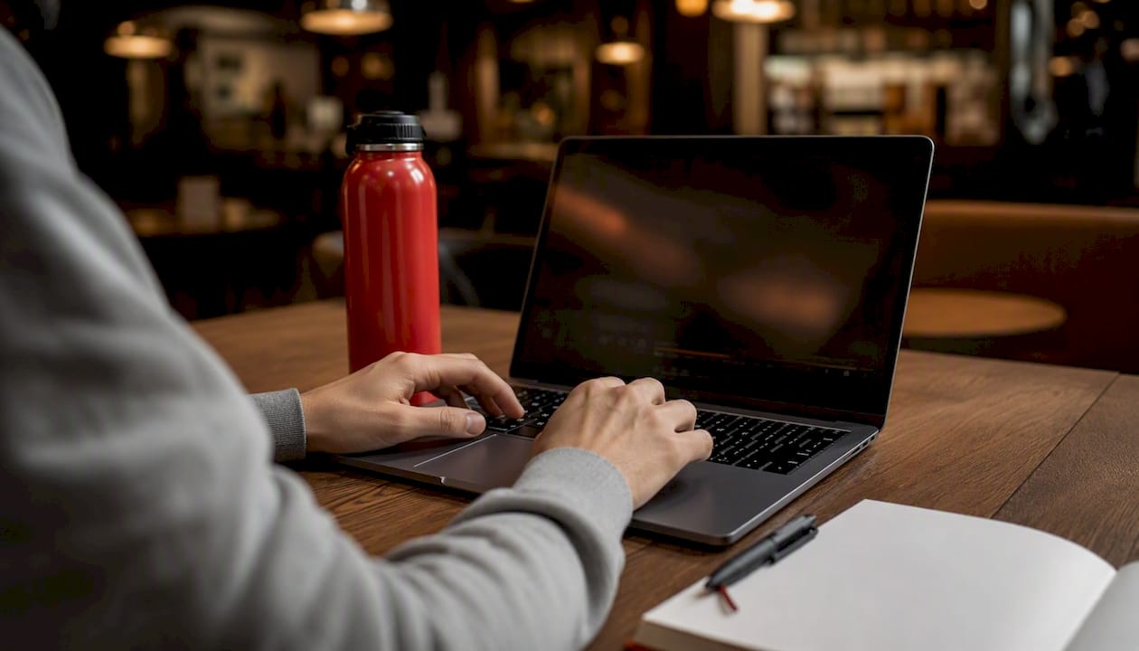 Hands marking video timestamps on dark laptop