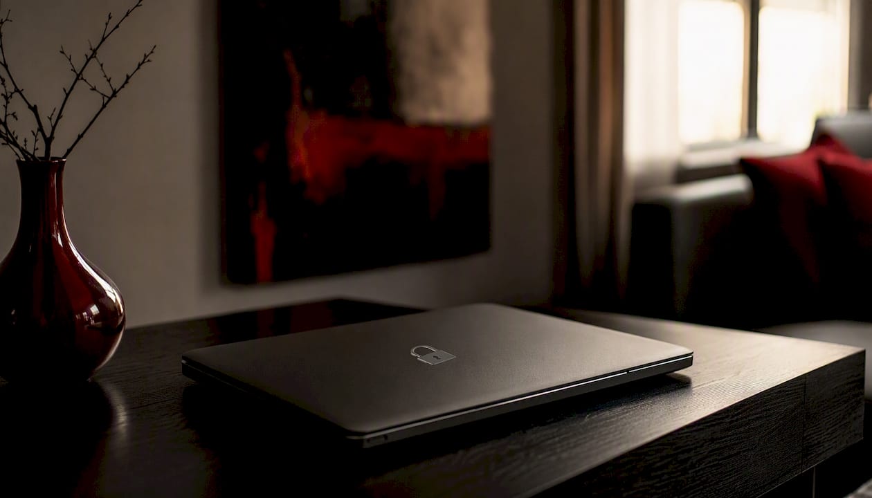 Closed laptop with lock symbol in dim light