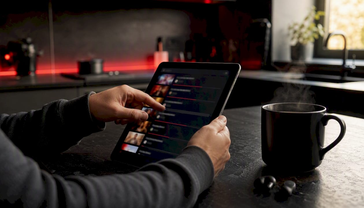 Hands navigating YouTube playlist on dark laptop
