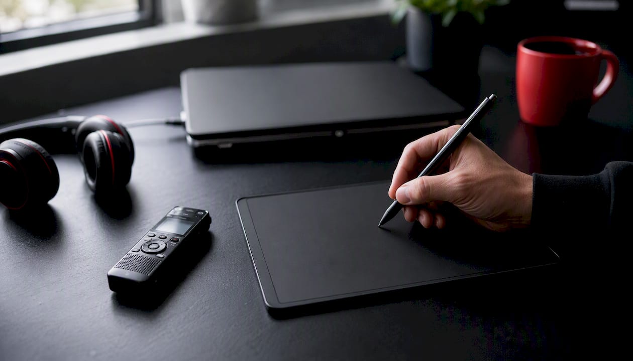 Workspace with note-taking tools before meeting