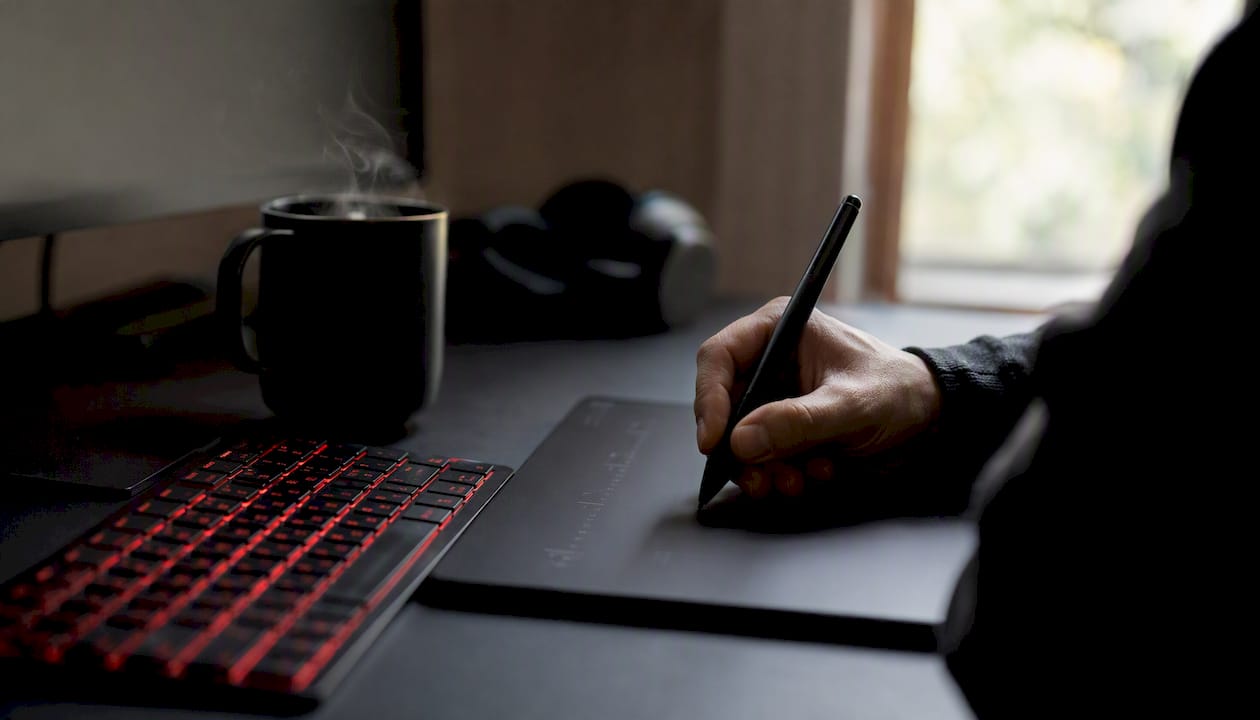 Hand using stylus on timeline tablet